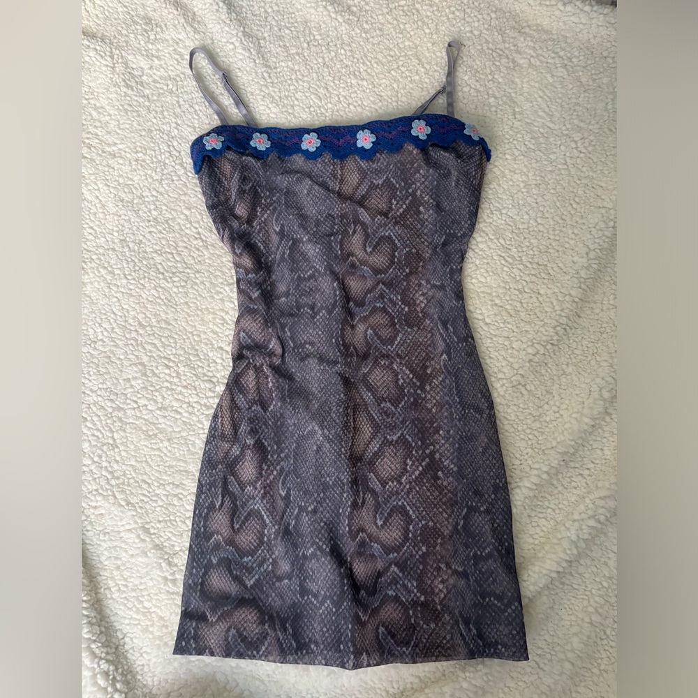 Danielle Guizio Gray Snake-Print Mini Dress with Blue Trim